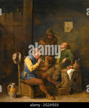 David Teniers - trois fumeurs et buveurs dans une taverne intérieure Banque D'Images