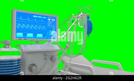 Illustration médicale 3d, ventilateur Covid USI avec lit rendu, isolé en vert Banque D'Images