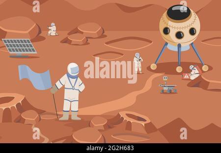 Explorateurs de l'espace dans l'espace faisant des recherches sur l'illustration vectorielle plate. Des astronautes et des rovers marchent sur mars. La colonisation et la mission d'exploration de la planète et du cosmos. Illustration de Vecteur