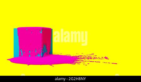 Cube bleu avec peinture de couleur rose éclabousse sur fond jaune, pop art 90s Bright minimal Modern concept, illustration 3D Banque D'Images