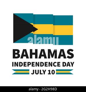 Lettrage au Bahamas Independence Day avec drapeau isolé sur blanc. Fête nationale célébrée le 10 juillet. Modèle vectoriel pour affiche typographique, bannière, Illustration de Vecteur