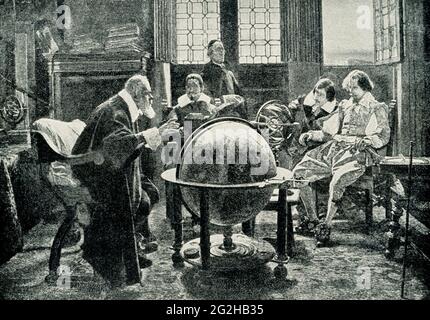 Milton visite Galileo - peinture par Tito Lessi. En quête d'inspiration florentine, Milton, âgé de 30 ans, a visité Galileo, âgé de 77 ans. Galileo avait été reconnu coupable d'hérésie par l'Inquisition de 1633, pour avoir écrit que la Terre tourne autour du Soleil. Lorsque Milton l'a rencontré, Galileo était aveugle et séquestré en résidence surveillée. John Milton (9 1608–1674) était un poète anglais et a servi comme fonctionnaire pour le Commonwealth d'Angleterre sous son Conseil d'État et plus tard sous Oliver Cromwell. Il a écrit à une époque d'instabilité religieuse et politique, et est plus connu pour son poème épique Paradise Lost Banque D'Images