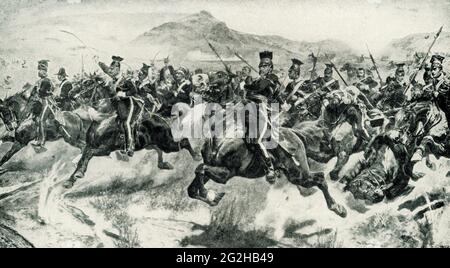 Charge de Brigade légère à Balaklava par R Caton Woodville. La charge de la Brigade légère (octobre 1854) était une accusation de cavalerie britannique désastreuse contre des troupes russes fortement défendues à la bataille de Balaklava pendant la guerre de Crimée (1853-56). L'attaque suicidaire a été rendue célèbre par Alfred, seigneur Tennyson dans son poème de 1855 du même nom. Richard Caton Woodville Jr.(1825-1855) était un artiste et illustrateur anglais, qui est mieux connu pour être l'un des peintres les plus prolifiques et efficaces de scènes de bataille à la fin du XIXe siècle et au début du XXe siècle. Banque D'Images