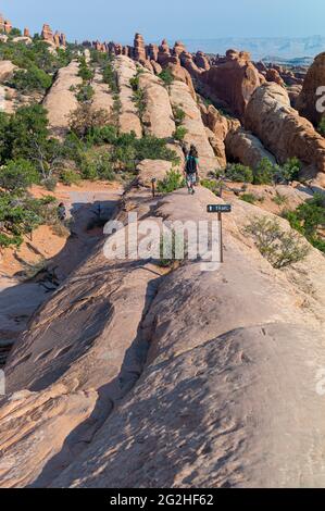L'aventure attend des touristes, des randonneurs et des amateurs de sensations fortes dans Devils Garden, l'un des meilleurs endroits du parc. Vous y trouverez des arches, des flèches et une grande concentration de parois rocheuses étroites appelées « nageoires ». Les palmes finissent par s'éroder et par céder la place à la formation d'arches comme Landscape Arch, le joyau de la couronne de Devils Garden. Banque D'Images