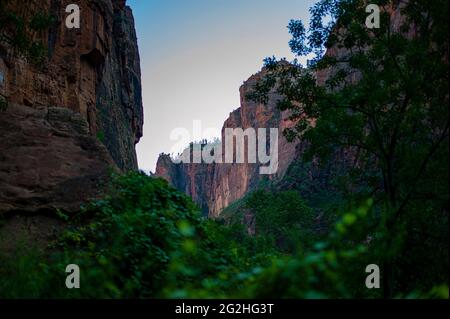 Promenade en bord de rivière dans le parc national de Zion, Utah, États-Unis Banque D'Images