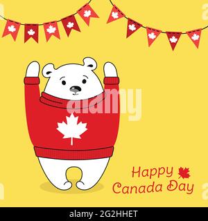 Carte de la fête du Canada. Ours polaire de dessin animé en chandail, drapeau de bunkting de guirlande. Message d'accueil carte postale postale. Célébration nationale drapeau canadien de pull-over, personnage d'ours patriote. Illustration vectorielle isolée Illustration de Vecteur