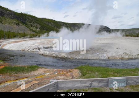 PARC NATIONAL DE YELLOWSTONE, WYOMING - 9 JUIN 2017 : Iron Spring Creek et Cliff Geyser du groupe Emerald dans le bassin de sable noir du bassin supérieur de Geyser Banque D'Images