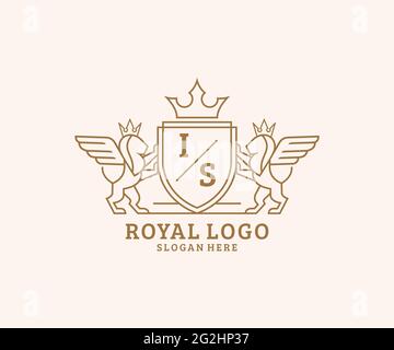 EST un modèle de logo lettre Lion Royal Luxury Heraldic, Crest dans une illustration vectorielle pour restaurant, Royalty, Boutique, café, Hôtel, Héraldique, bijoux, mode et Illustration de Vecteur