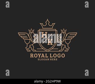 HK lettre Lion Royal Luxury Heraldic, Crest logo template dans l'art vectoriel pour restaurant, Royalty, Boutique, café, Hôtel, Héraldique, bijoux, mode et Illustration de Vecteur