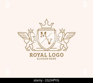 MV Letter Lion Royal Luxury Heraldic, Crest logo template dans l'art vectoriel pour restaurant, Royalty, Boutique, café, Hôtel, Héraldique, bijoux, mode et Illustration de Vecteur