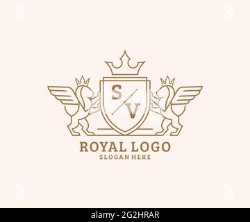 SV lettre Lion Royal Luxury Heraldic, Crest logo template dans l'art vectoriel pour restaurant, Royalty, Boutique, café, Hôtel, Héraldique, bijoux, mode et Illustration de Vecteur