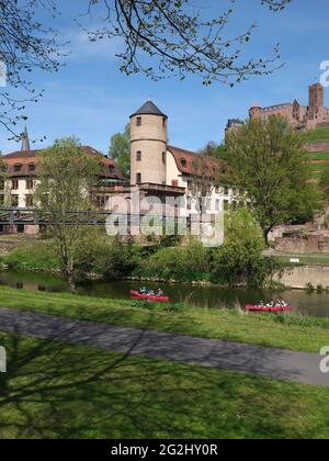 Rivière Tauber, canoës, Tour Blanche, Kittsteintor ou Faultor, Château de Wertheim, Wertheim, Bade-Wurtemberg, Allemagne Banque D'Images