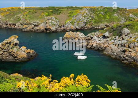 Port Saint Nicolas sur l'Île de Groix, les bateaux se trouvent dans l'eau, les gorges se blogent sur les pentes, France, Bretagne, département du Morbihan Banque D'Images