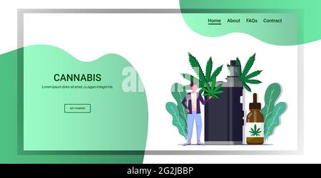 femme tenant une feuille de cannabis utilisant un vaporisateur e-cigarette cbd vapoing consommation de drogues concept marijuana liquide pour vapotage horizontal espace de copie plein Illustration de Vecteur