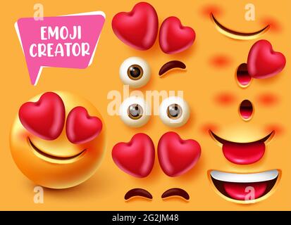 Motif de jeu de vecteurs emoji Creator. Smiley 3d dans l'amour et le caractère heureux avec les yeux modifiables, coeur et éléments de bouche pour l'expression cute du visage. Illustration de Vecteur