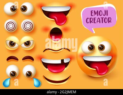 Motif de jeu de vecteurs emoji Creator. Kit de caractères 3d smiley avec des éléments de visage drôles, fâchés et tristes tels que les yeux et la bouche pour emojis. Illustration de Vecteur