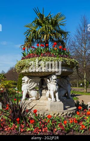 L'Angleterre, Londres, Regent's Park, l'Avenue des jardins, la Tazza Griffin (Lion) et Vase de fleurs de printemps Banque D'Images