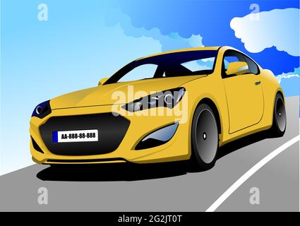 Berline jaune sur la route. Illustration 3d vectorielle colorée Illustration de Vecteur