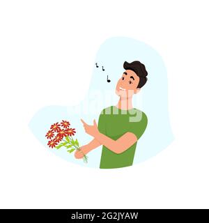 Jeune homme chante, homme avec des fleurs dans ses mains, homme heureux. Personnage vectoriel de style plat, dessin animé Illustration de Vecteur