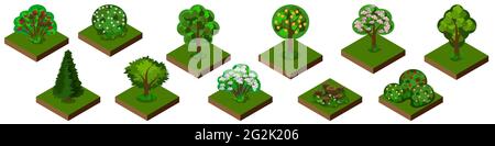 Parc isométrique ou jardin. Arbres, buissons et arbustes avec herbe et fleurs. Tuiles isolées pour le fond et les scènes de paysage de jeu ou de dessin animé. Illustration de Vecteur