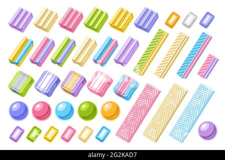 Ensemble de gommes à bulles vectorielles, collection d'illustrations découpées de bubblegums assortis, ensemble de bonbons à mâcher en cercle et de nombreuses gommes à bulles colorées Illustration de Vecteur