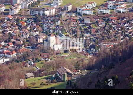 Vue sur le château de Werdenberg depuis Buchserberg Banque D'Images