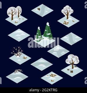Mosaïque isométrique de forêt d'hiver avec arbres et buissons dans la neige. Tuiles isométriques isolées pour concevoir des scènes de paysage pour un arrière-plan de jeu ou de dessin animé Illustration de Vecteur