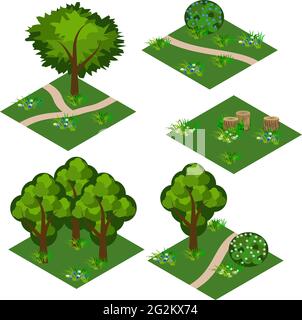 Ensemble de carreaux isométriques en mode paysage. Dessin animé ou actif de jeu pour créer une scène de paysage de forêt ou de jardin. Tuiles isométriques isolées avec arbres, fleurs, buissons a Illustration de Vecteur