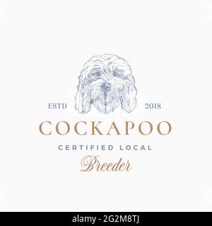Modèle de badge ou de logo pour chien Breeder. Dessin de visage de race Cockapoo dessiné à la main avec Typographie rétro. Emblème Premium vintage. Isolé Illustration de Vecteur