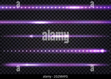 LIGNES violettes DE LA LUMIÈRE LED avec effet néon réaliste. Bandes lumineuses colorées avec évasements isolés sur fond transparent. Illustrateur vectoriel Illustration de Vecteur