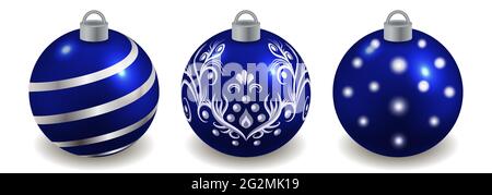 Lot de boules de Noël isolées sur blanc, bleu et décor argenté. Jouets pour le nouvel an ou motif arbre de Noël orné de motifs. Illustration vectorielle Illustration de Vecteur