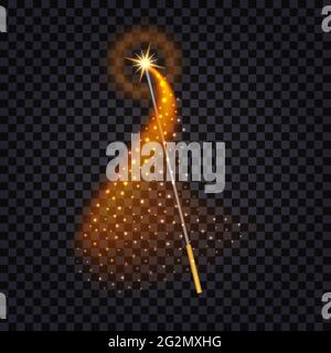 Baguette magique avec sentier de feu. Effet brillant avec étoiles, paillettes brillantes. Objet isolé pour art de jeu ou dessin animé. Illustration vectorielle. Illustration de Vecteur