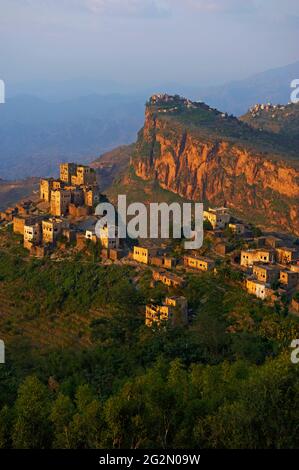 Yémen, montagnes centrales, village d'Al Jaray, région d'Al Mahwit. Banque D'Images