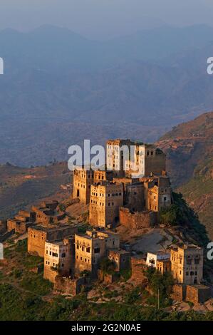 Yémen, montagnes centrales, village d'Al Jaray, région d'Al Mahwit. Banque D'Images