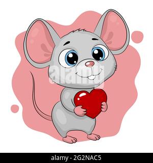 Jolie souris de dessin animé avec un coeur dans les mains. Carte de vœux, illustration vectorielle Illustration de Vecteur