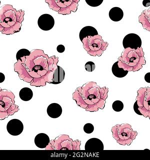 Fleurs de pavot roses vectorielles et points noirs. Motif fleuri artistique sans coutures. Texture rétro dessinée à la main pour le design, le textile, le papier peint, l'emballage Illustration de Vecteur