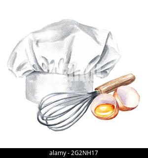 Cuisine concept pâtisserie avec chapeau de chef, œufs et fouet en fil. Illustration aquarelle dessinée à la main isolée sur fond blanc Banque D'Images