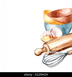 Cuisine concept de pâtisserie et modèle avec ustensiles de cuisine. Illustration aquarelle dessinée à la main, isolée sur fond blanc Banque D'Images