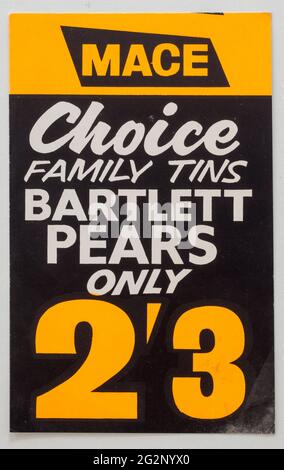 Vinatge années 1960 Mace Shop Publicité carte d'affichage de prix - Bartlett Pears Banque D'Images