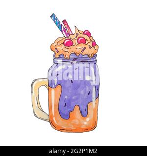 Milk-Milk-element dessiné à la main ou doux-design. Crème glacée, milkshake, sundae Kids, cupcake, freakshake aux fruits avec guimauve, isolé sur le backgrou blanc Banque D'Images