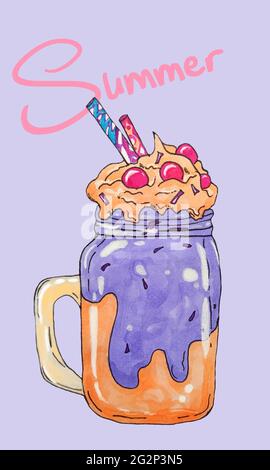 Milk-Milk-element dessiné à la main ou doux-design. Crème glacée, milkshake, sundae pour enfants, cupcake, freakshake aux fruits avec guimauve, cocktail aux myrtilles sur lila Banque D'Images