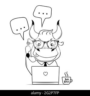 Сute Bull travaille au bureau avec un ordinateur portable. Cartoon Bull répond aux appels et aux messages. Symbole de 2021. Illustration vectorielle Illustration de Vecteur