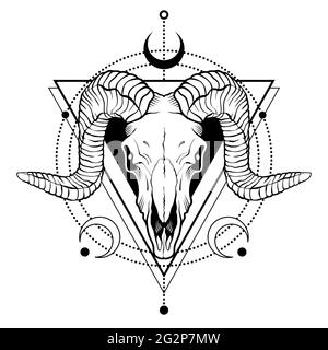 Contour du crâne RAM avec éléments décoratifs. Dessin de tatoo ou impression de t-shirts. Illustration vectorielle isolée sur fond blanc. Illustration de Vecteur