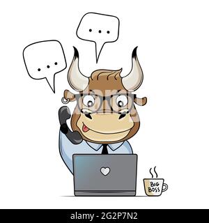 Сute Bull travaille au bureau avec un ordinateur portable. Cartoon Bull répond aux appels et aux messages. Symbole de 2021. Illustration vectorielle Illustration de Vecteur