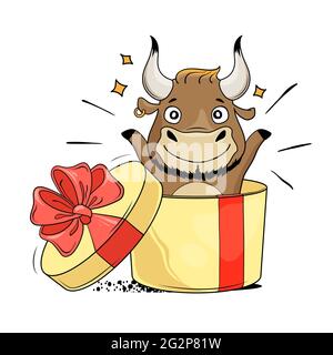 Boîte cadeau surprise avec taureau frais. Symbole de 2021. L'année du boeuf. Illustration vectorielle. Illustration de Vecteur