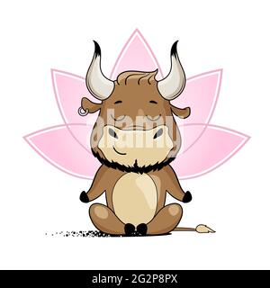 Cool taureau faisant du yoga, assis en position lotus. Symbole de 2021, année du boeuf. Illustration vectorielle de dessin animé. Illustration de Vecteur