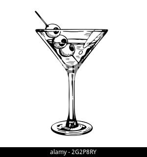 Verre à martini avec olives. Cocktail alcool dessiné à la main, croquis vectoriel. Illustration de Vecteur