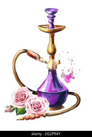 Narguilé coloré avec fleur de rose. Illustration aquarelle dessinée à la main, isolée sur fond blanc Banque D'Images