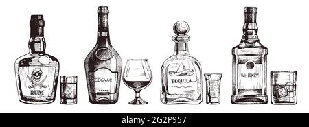Ensemble de boissons alcoolisées fortes dessinées à la main. Bouteille de rhum, cognac, tequila, whisky scotch. Illustration de la boisson vectorielle, esquisse à l'encre. Illustration de Vecteur