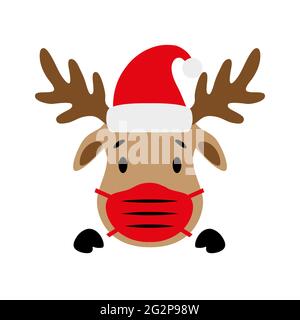 Joli renne à nez rouge avec chapeau de père Noël et masque . Visage de cerf. Illustration vectorielle. Illustration de Vecteur
